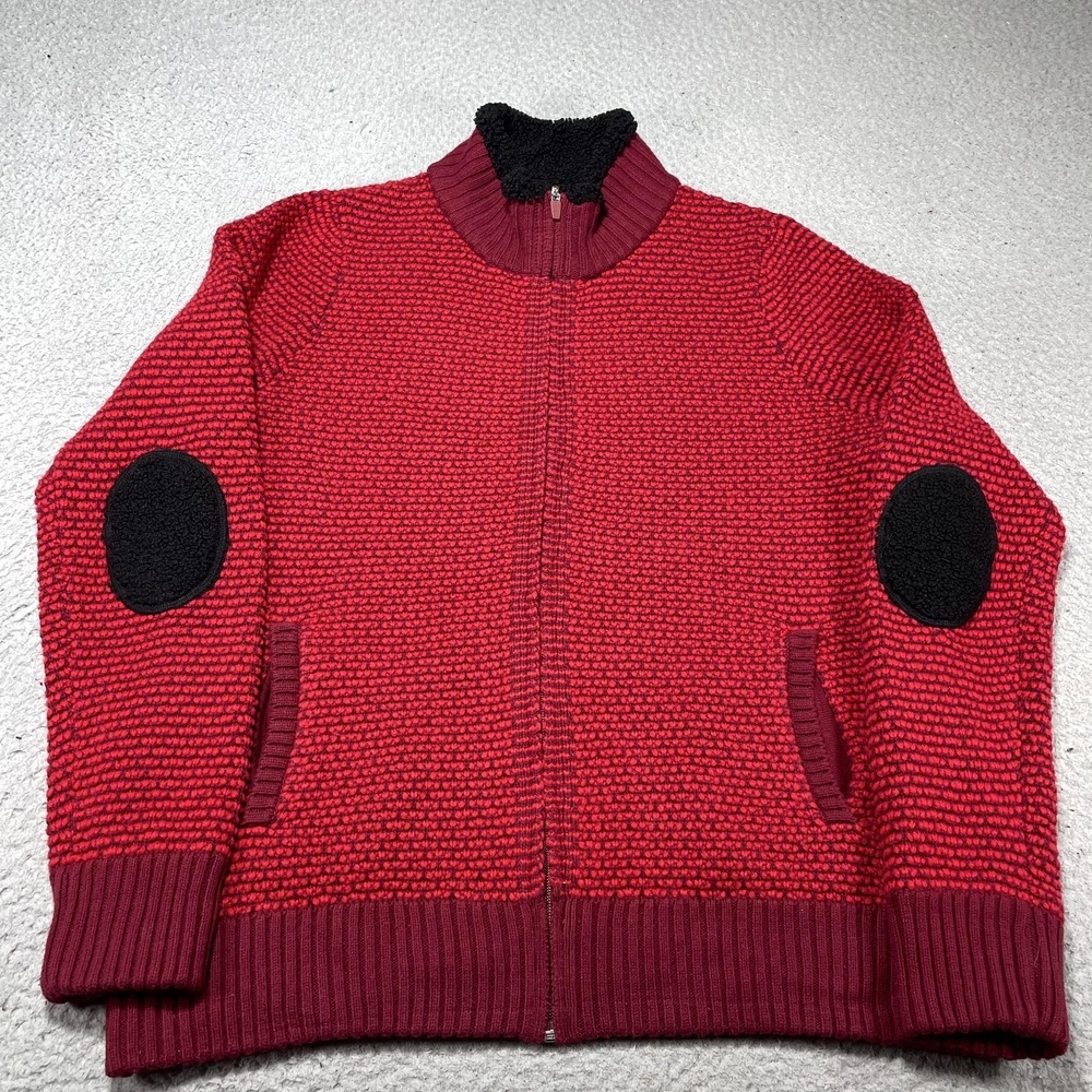 Krimson Klover Sweater Womens XL Red Full Zip Mock Neck Chunky‎ Knit Elbow Patch